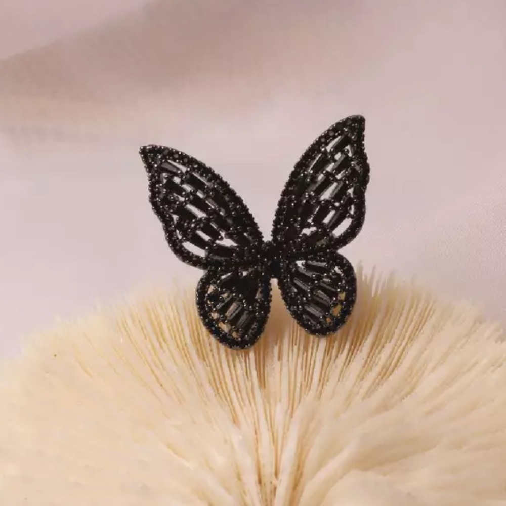 Butterfly ring cubic zirconia 3D large black jewelry stone